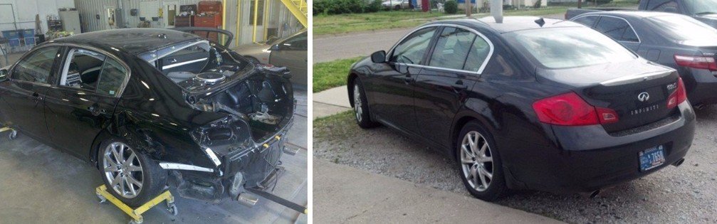 Before and after pictures of black Infiniti repaired at Blackburn Collision Center