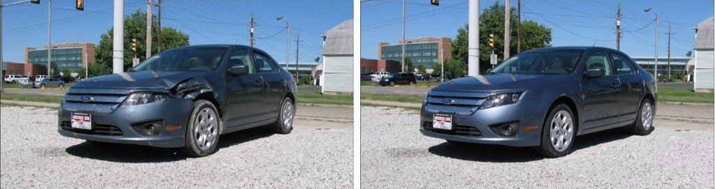Before and after images of a blue Ford car being repaired