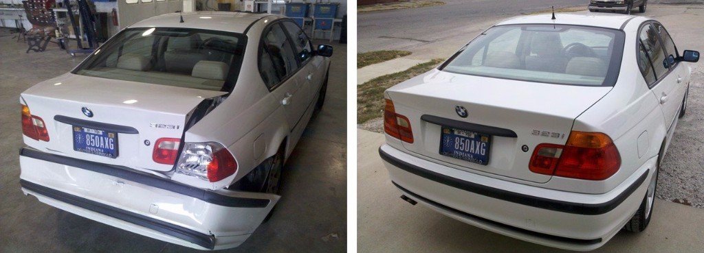 A white BMW before and after frame straightening services