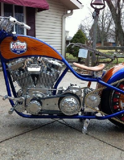 Custom painted motorcycle with Lucas Oil theme